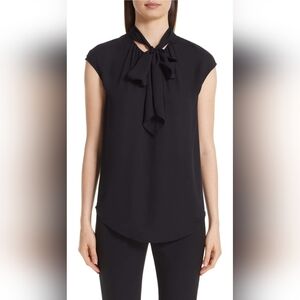 St. John Collection Tie Neck Double Silk Georgette Blouse Caviar Black S…